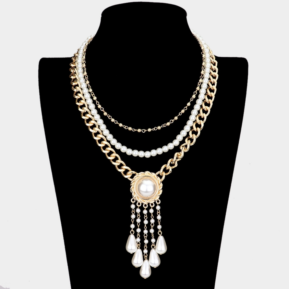 Cream Gold Pendant Link Necklace Chain Triple Layered Pearl Beaded Statement